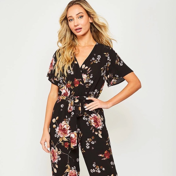 Peach Love California Pants - Black Floral jumpsuit